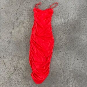 Oh Polly Bright Red Ruched Midi Dress